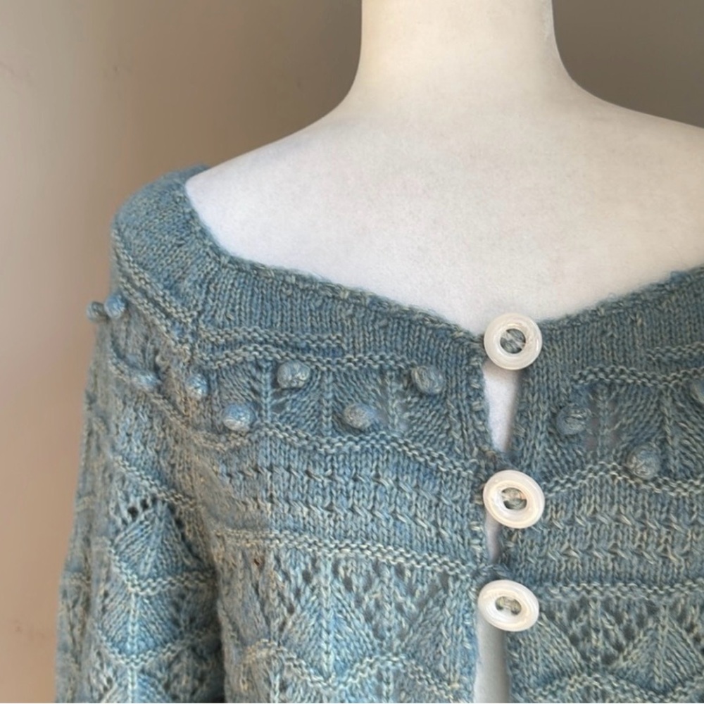 VINTAGE Handmade Blue Pom Pom Soft Knit Crop Button Front Cardigan